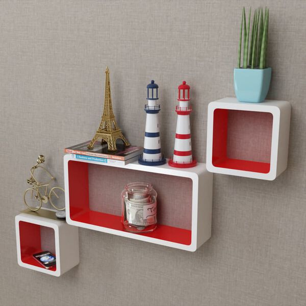 3 &Eacute;tag&egrave;res cubes suspendues MDF stockage livre/DVD blanc/rouge