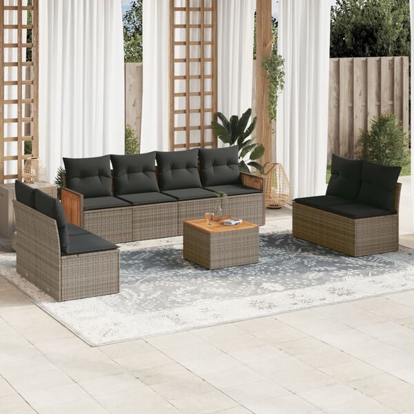 vidaXL Salon de jardin 9 pcs avec coussins gris r&eacute;sine tress&eacute;e