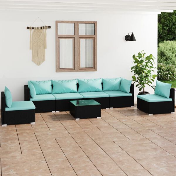 vidaXL Salon de jardin 7 pcs avec coussins R&eacute;sine tress&eacute;e Noir