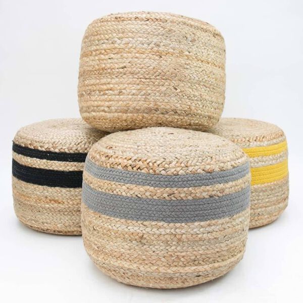 LABEL51 Pouf Jute tress&eacute; Jaune et naturel