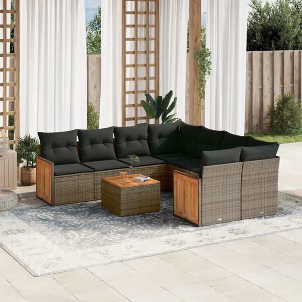 vidaXL Salon de jardin 9 pcs avec coussins gris r&eacute;sine tress&eacute;e