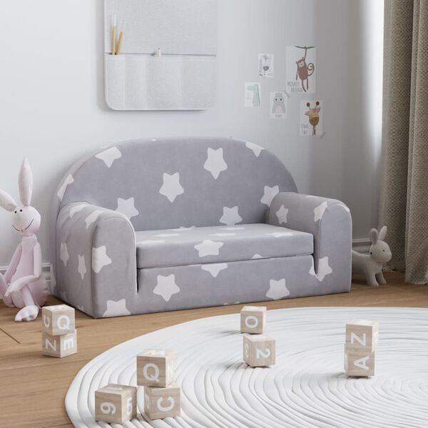 vidaXL Canap&eacute;-lit enfant 2 places gris clair &eacute;toiles peluche douce