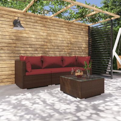 vidaXL Salon de jardin 4 pcs avec coussins Résine tressée Marron