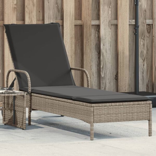 vidaXL Chaise longue avec roues et coussins gris clair r&eacute;sine tress&eacute;e
