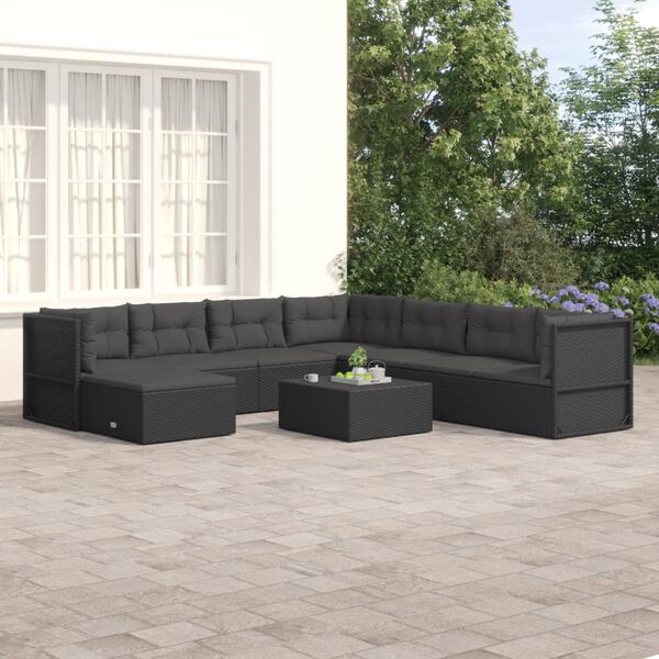 vidaXL Salon de jardin 8 pcs avec coussins noir r&eacute;sine tress&eacute;e