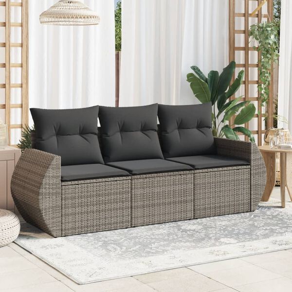 vidaXL Salon de jardin avec coussins 3 pcs gris r&eacute;sine tress&eacute;e