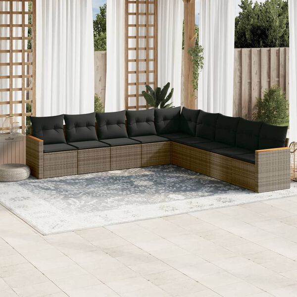 vidaXL Salon de jardin 9 pcs avec coussins gris r&eacute;sine tress&eacute;e