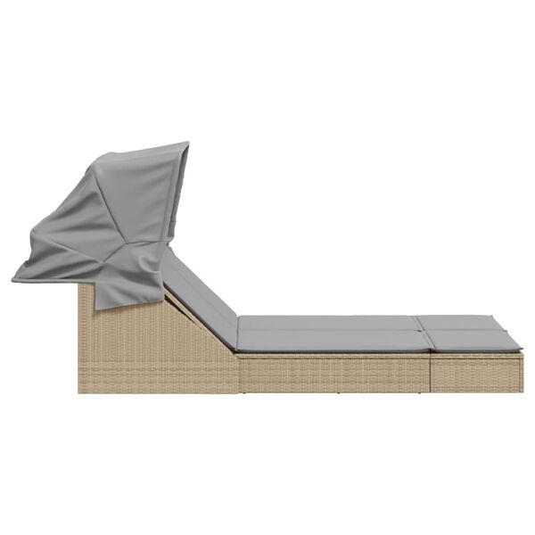 vidaXL Chaise longue double avec auvent et coussins beige poly rotin