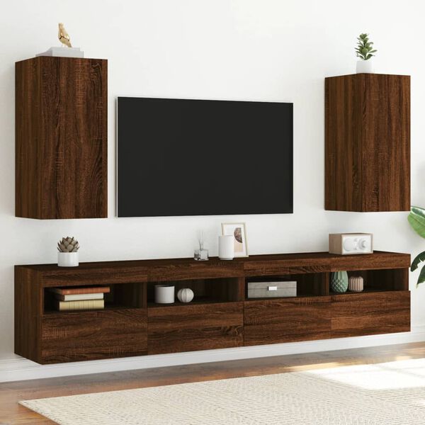 vidaXL Meubles TV muraux lumi&egrave;res LED 2 pcs ch&ecirc;ne marron 30,5x35x70 cm