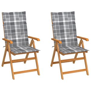 vidaXL Chaises de jardin lot de 2 et coussins &agrave; carreaux gris Teck