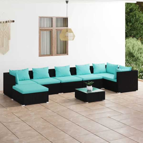 vidaXL Salon de jardin 8 pcs avec coussins R&eacute;sine tress&eacute;e Noir