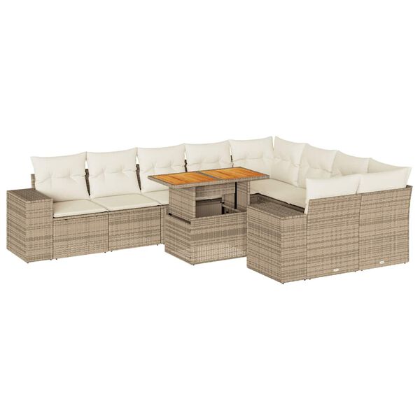 vidaXL Salon de jardin avec coussins 10pcs beige résine tressée acacia