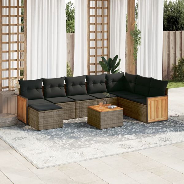 vidaXL Salon de jardin 9 pcs avec coussins gris r&eacute;sine tress&eacute;e