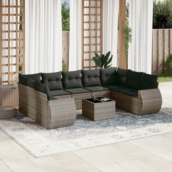 vidaXL Salon de jardin avec coussins 10 pcs gris r&eacute;sine tress&eacute;e