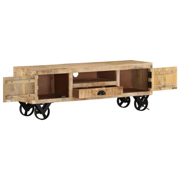 vidaXL Meuble TV avec roues 110x30x37 cm Bois de manguier brut