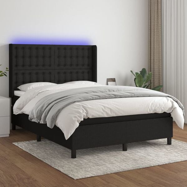 vidaXL Sommier &agrave; lattes de lit matelas et LED Noir 140x200 cm Tissu
