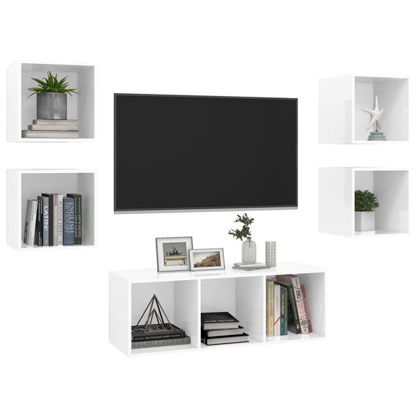 vidaXL Ensemble de meuble TV 5 pcs Blanc brillant Bois d'ing&eacute;nierie