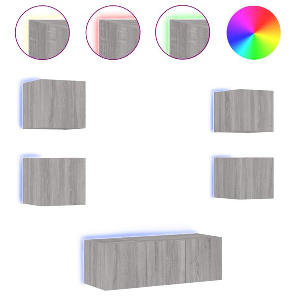 vidaXL Unit&eacute;s murales TV avec LED 6 pcs gris sonoma bois d'ing&eacute;nierie