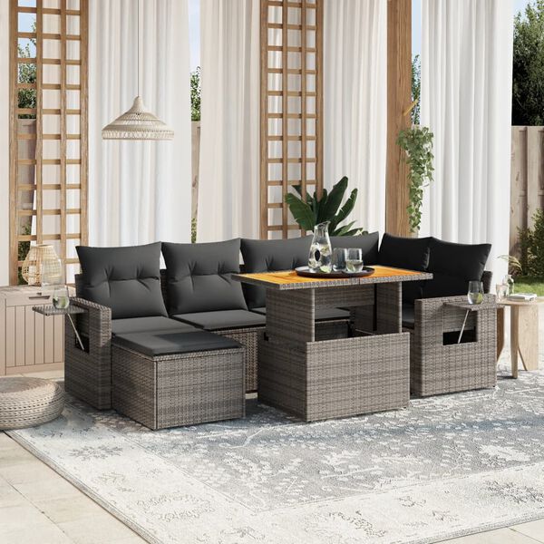 vidaXL Salon de jardin avec coussins 7 pcs gris r&eacute;sine tress&eacute;e