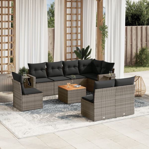 vidaXL Salon de jardin 9 pcs avec coussins gris r&eacute;sine tress&eacute;e