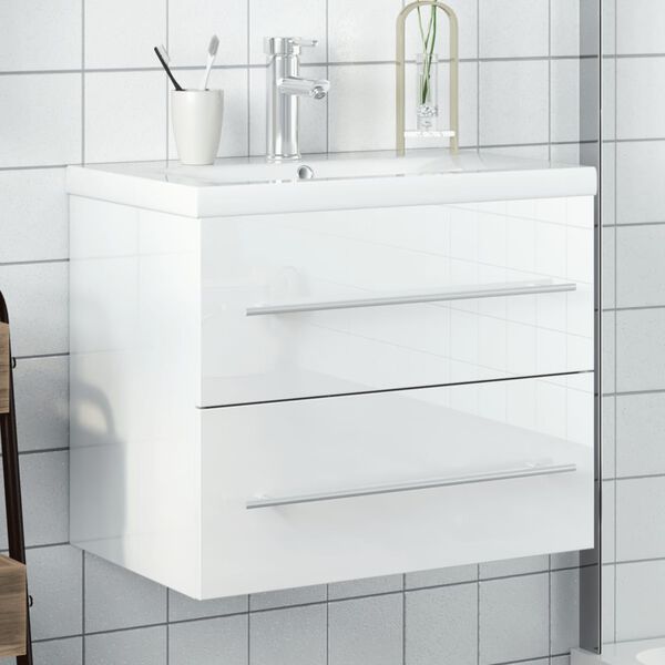 vidaXL Armoire lavabo de salle de bain bassin int&eacute;gr&eacute; blanc brillant