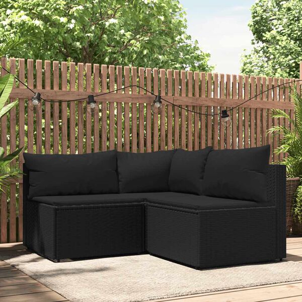 vidaXL Salon de jardin 3 pcs avec coussins Noir R&eacute;sine tress&eacute;e