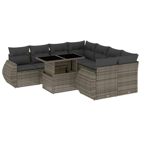 vidaXL Salon de jardin 9 pcs avec coussins gris résine tressée