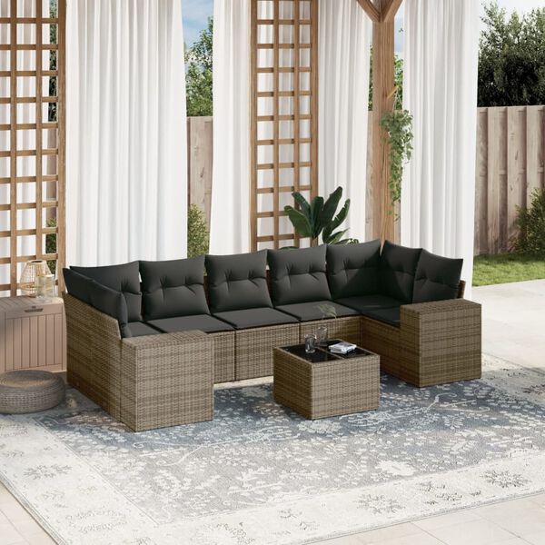 vidaXL Salon de jardin 8 pcs avec coussins gris r&eacute;sine tress&eacute;e