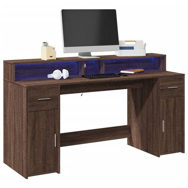 vidaXL Bureau et lumi&egrave;res LED ch&ecirc;ne marron bois d'ing&eacute;nierie