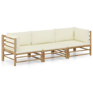 vidaXL Salon de jardin 3 pcs avec coussins blanc cr&egrave;me bambou