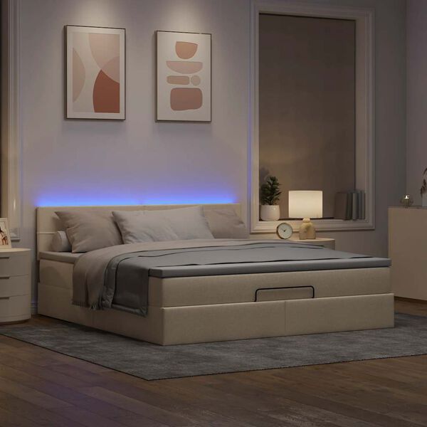 vidaXL Lit ottoman avec matelas et LED cr&egrave;me 180x200cm tissu