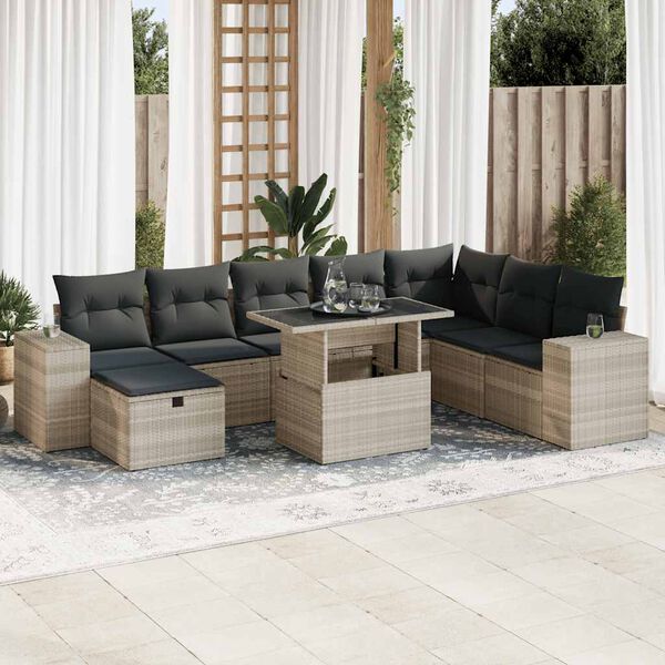 vidaXL Salon de jardin 9 pcs avec coussins gris clair r&eacute;sine tress&eacute;e
