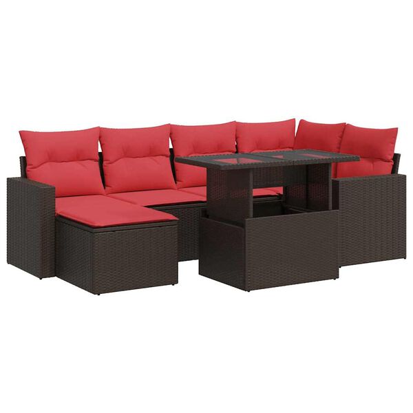 vidaXL Salon de jardin avec coussins 7pcs marron r&eacute;sine tress&eacute;e acacia