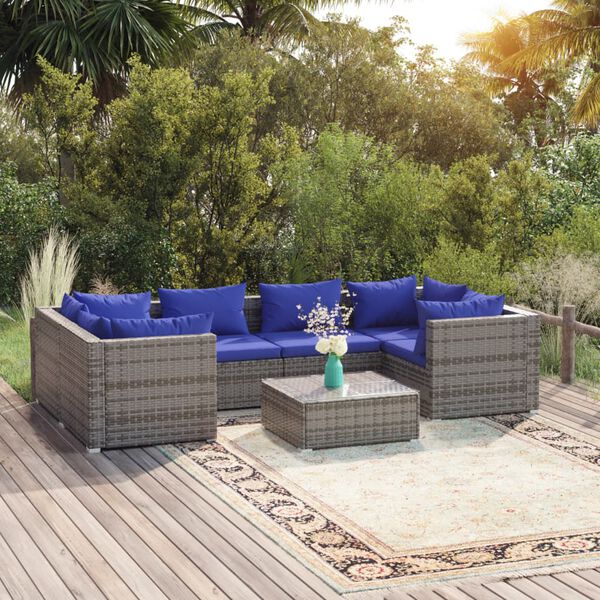 vidaXL Salon de jardin 7 pcs avec coussins r&eacute;sine tress&eacute;e gris