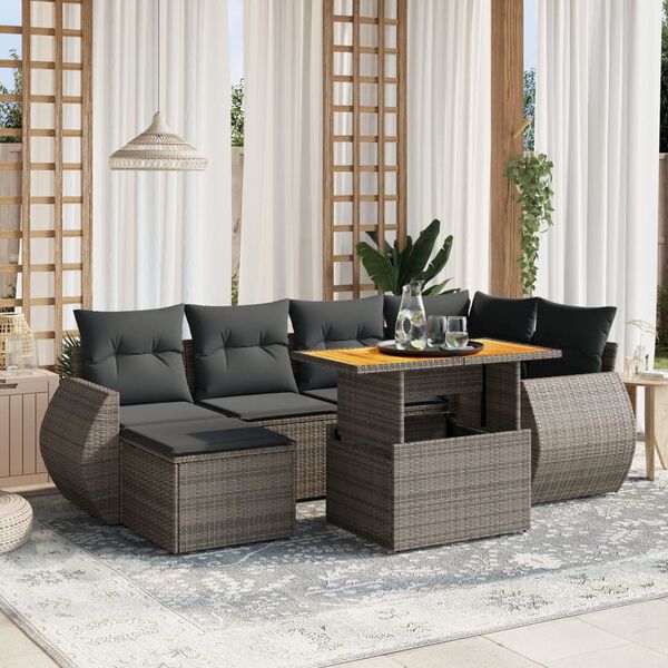 vidaXL Salon de jardin avec coussins 7 pcs gris r&eacute;sine tress&eacute;e