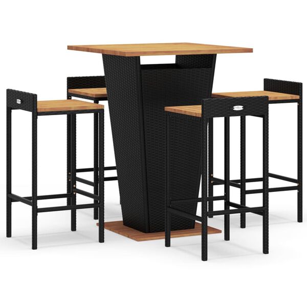 vidaXL Ensemble de bar jardin 5 pcs noir poly rotin/bois massif acacia
