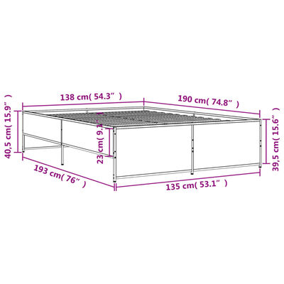 vidaXL Cadre de lit chêne marron 135x190 cm bois d'ingénierie et métal