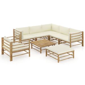 vidaXL Salon de jardin 8 pcs avec coussins blanc cr&egrave;me bambou