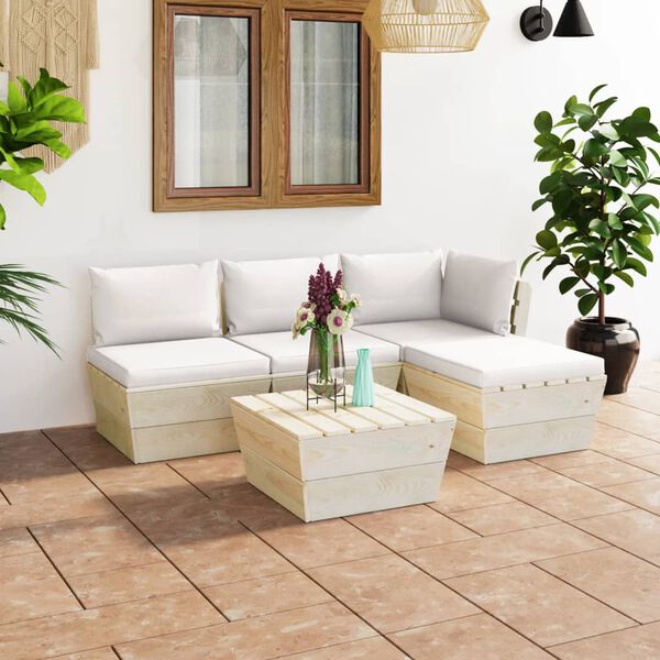 vidaXL Salon de jardin palette 5 pcs avec coussins bois d'&eacute;pic&eacute;a