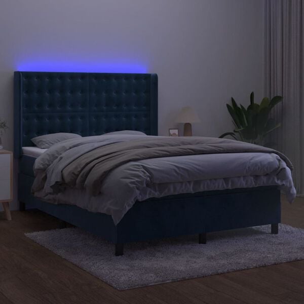 vidaXL Sommier &agrave; lattes de lit matelas et LED Bleu fonc&eacute; 140x190 cm