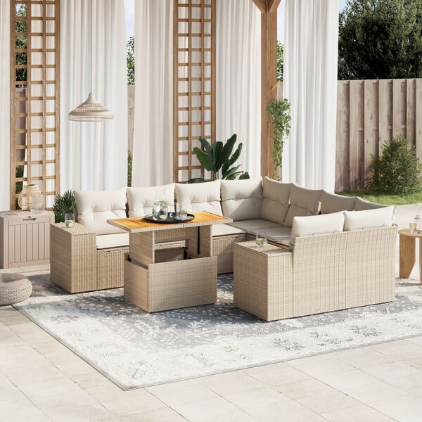 vidaXL Salon de jardin avec coussins 9 pcs beige r&eacute;sine tress&eacute;e