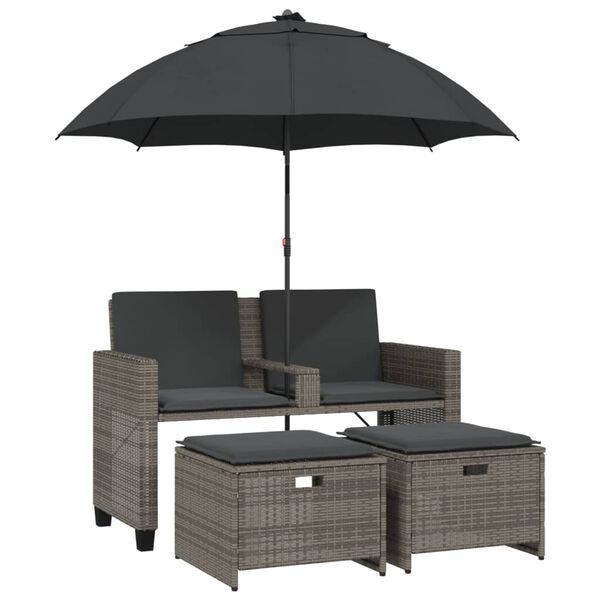 vidaXL Canap&eacute; de jardin 2 places avec parasol et tabourets gris rotin