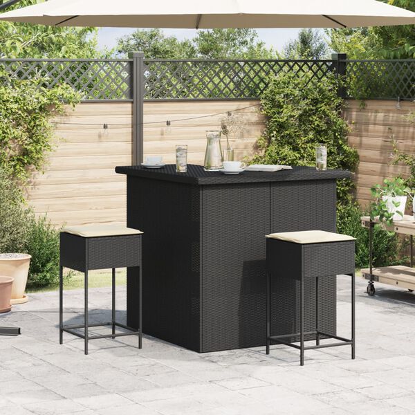vidaXL Ensemble de bar de jardin 3 pcs avec coussins noir poly rotin