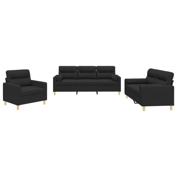 vidaXL Ensemble de canap&eacute;s 3 pcs avec coussins noir tissu