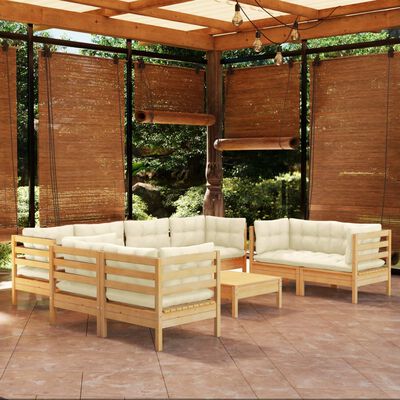 vidaXL Salon de jardin 9 pcs avec coussins crème bois de pin massif