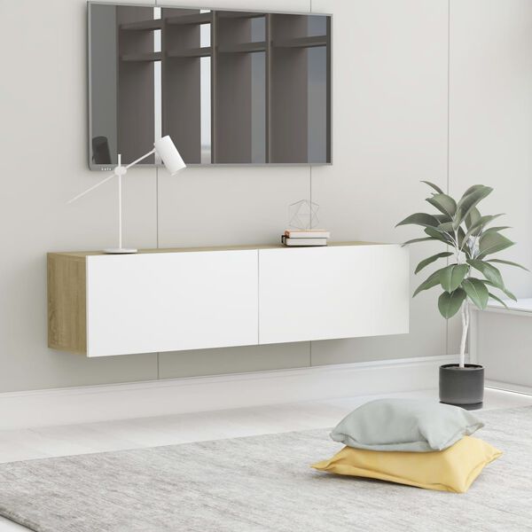 vidaXL Meuble TV Blanc et ch&ecirc;ne sonoma 120x30x30 cm Bois d&rsquo;ing&eacute;nierie