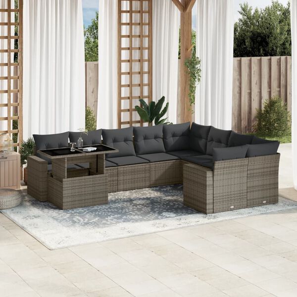vidaXL Salon de jardin avec coussins 10 pcs gris r&eacute;sine tress&eacute;e