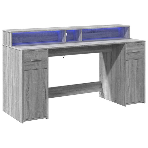 vidaXL Bureau et lumi&egrave;res LED sonoma gris 160x55x91 cm bois ing&eacute;nierie