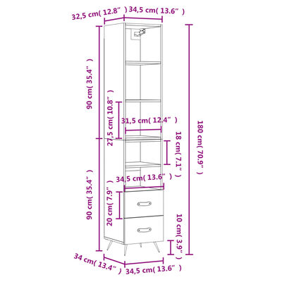 vidaXL Buffet haut Noir 34,5x34x180 cm Bois d'ingénierie