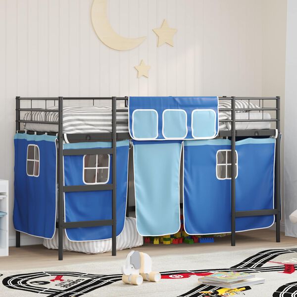 vidaXL Cadre de Lit Mezzanine pour Enfants avec Rideaux Noir et Bleu